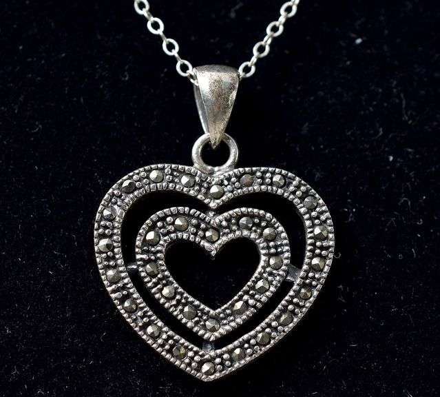 Marcasite Gemstone Heart Pendant Necklace in Sterling Silver