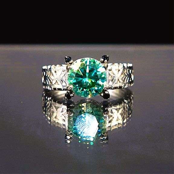 14 K White Gold Plate 3.05 Ct Paraiba Green VVs1 Fire Moissanite Ring