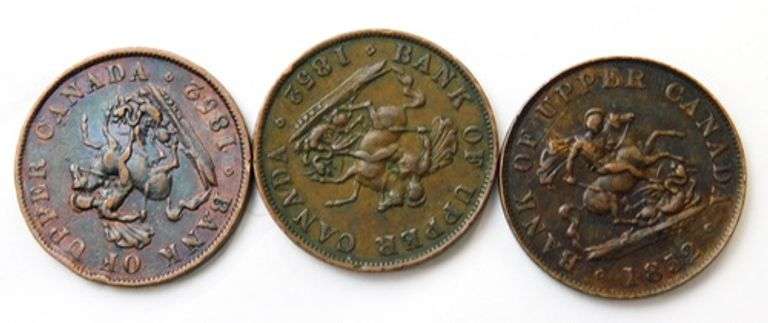 3 - 1852 Bank of Upper Canada Half Penny Bank Tokens