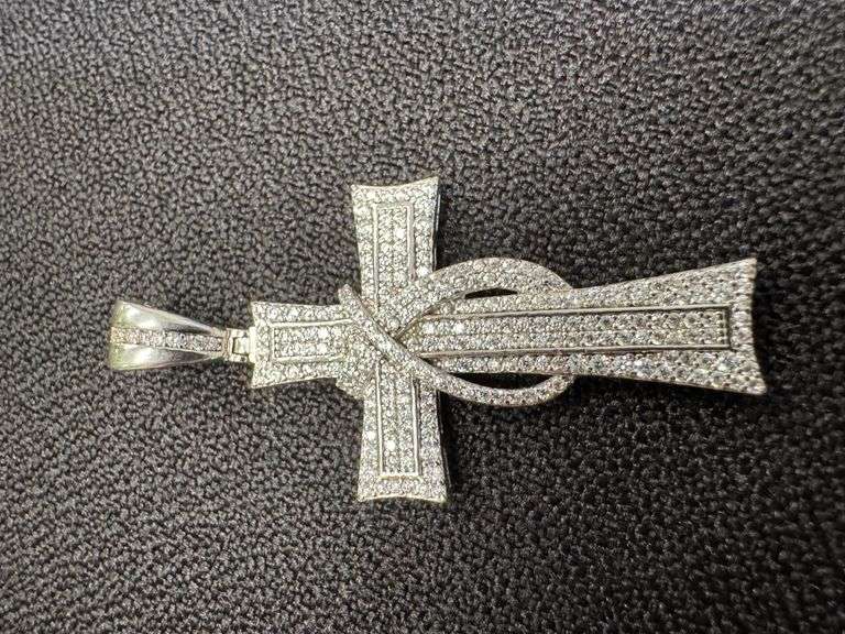 Rhodium Plated 925 Sterling Silver CZ Ribbon Cross Pendant