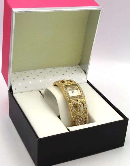 Isacc Mizrahi gold tone and Rhinestone hinged bangle bracelet watch