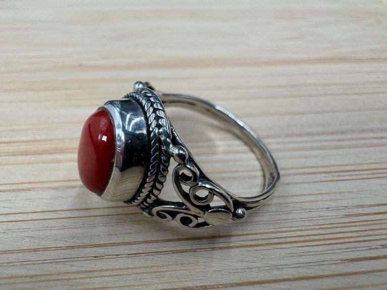 Sterling Silver Red Coral Ring Size 6