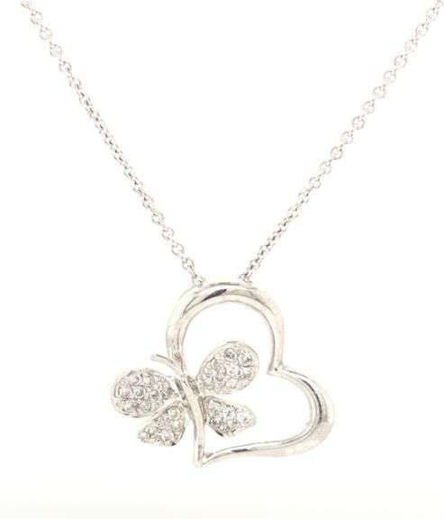 14kt White gold butterfly heart shaped pendant with diamonds on chain