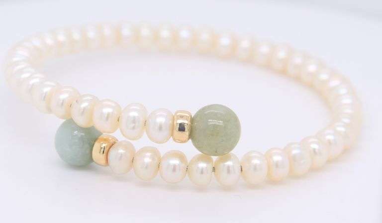White Fresh Water Pearl and Jade Bypass Bracelet