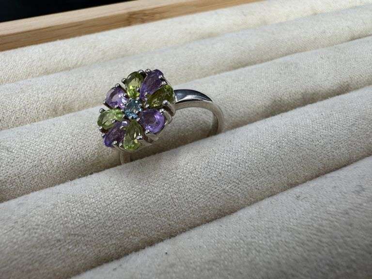 Sterling Silver Amethyst, Peridot, Blue Topaz Gemstone Ring Size 7