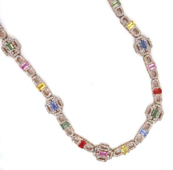 Awesome 13.50CTW Emerald-Cut Multi-Color Sapphire & 6.12CTW Diamond Necklace in 14K Yellow Gold Over