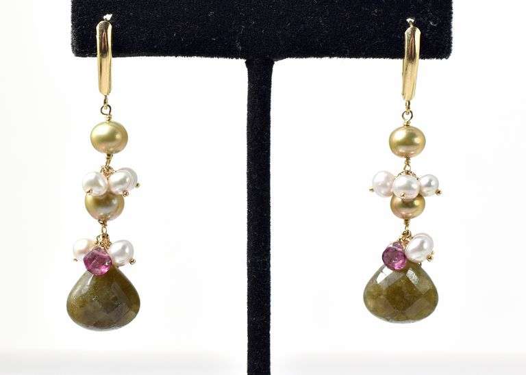 Fabulous Labradorite, Pearl, and Tourmaline Earrings in 14K Yellow Gold