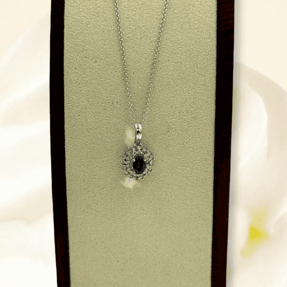Divine White Gold oval Blue Sapphire and Diamond accent Pendant on Chain Necklace