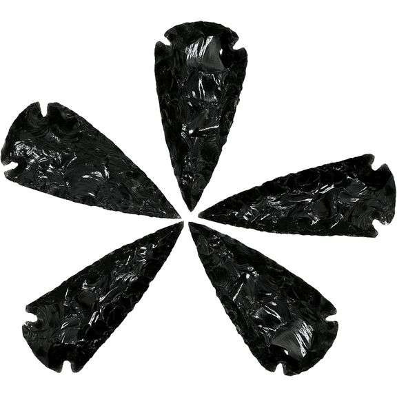 5 Hand-Knapped Black Obsidian Arrowheads