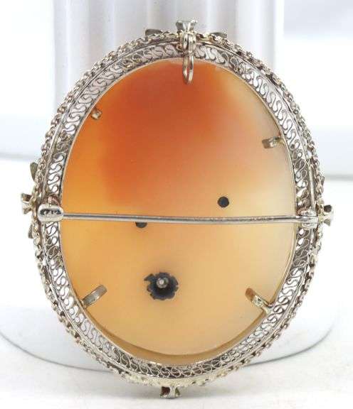 14kt White gold Italian carved shell cameo with diamond pendant