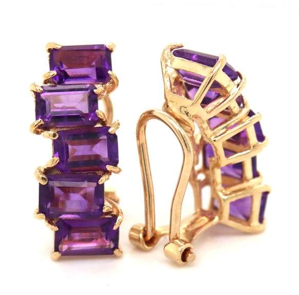 14kt Yellow gold 5ctw emerald cut amethyst earrings