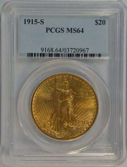 Satiny-fresh virtual Gem BU 1915-S St. Gaudens $20 Gold Piece. PCGS MS64