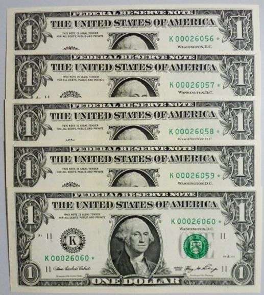 (5) Superb Crisp 2006 $1 Dollar Star Notes Dallas Consecutive Very Low Serial Numbers!