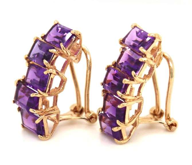 14kt Yellow gold 5ctw emerald cut amethyst earrings