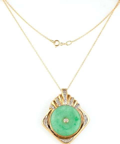 18kt Yellow gold green Jade and diamond accent pendant on chain