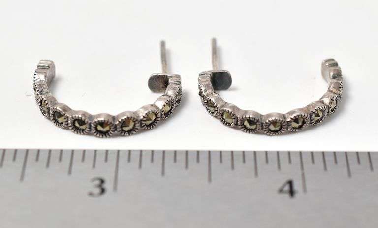 Marcasite Gemstone J-Hoop Earrings in Sterling Silver