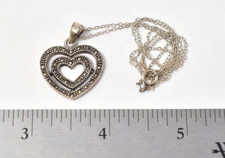 Marcasite Gemstone Heart Pendant Necklace in Sterling Silver