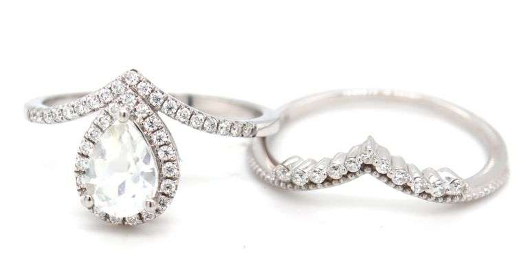 14kt White gold synthetic moon stone and CZ halo bridal set
