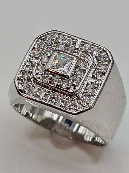 Men's  Sparkling 14 Kt White Gold Plate 7.25 Cttw Lab Simulated Diamond Ring