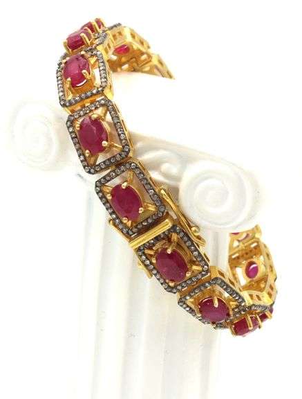 Awesome 14.30CTW Oval Shaped Emerald-Cut Rubies & Diamond Bracelet in 14K Yellow Gold Over Sterling 