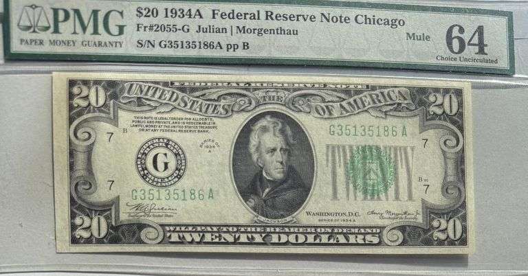 $20 1934a Chicago Mule FRN PMG Choice Unc 64