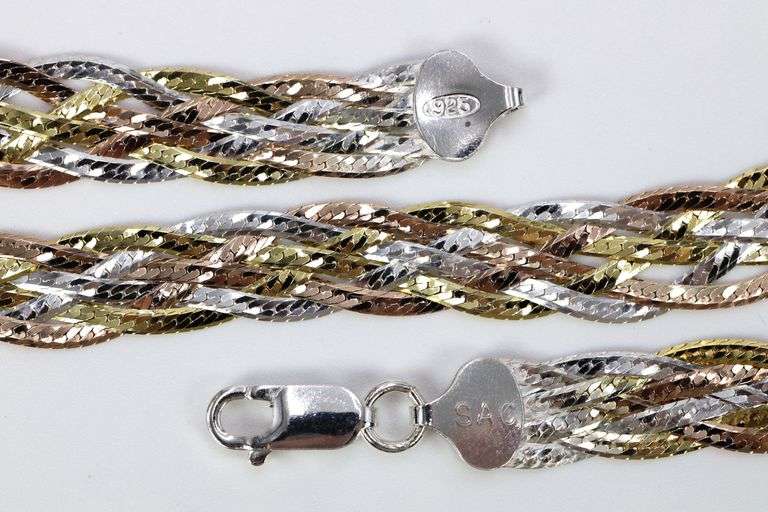 Sterling Silver Tri Colored Braided Herringbone Necklace 10mm 925 Italy Chain 24"