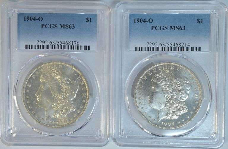 2 Flashy Prooflike 1904-O Morgan Silver Dollars. PCGS MS63