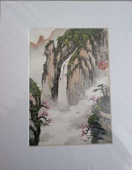 Collection of 3 original painting by Ping Zheng hand signed. Cliff, Waterfall, Fishing