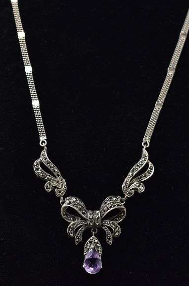 Amethyst and Marcasite Gemstone Pendant Necklace in Sterling Silver