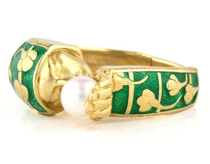 Green Enamel and Pearl Lady Face Design Open Ring in 18K