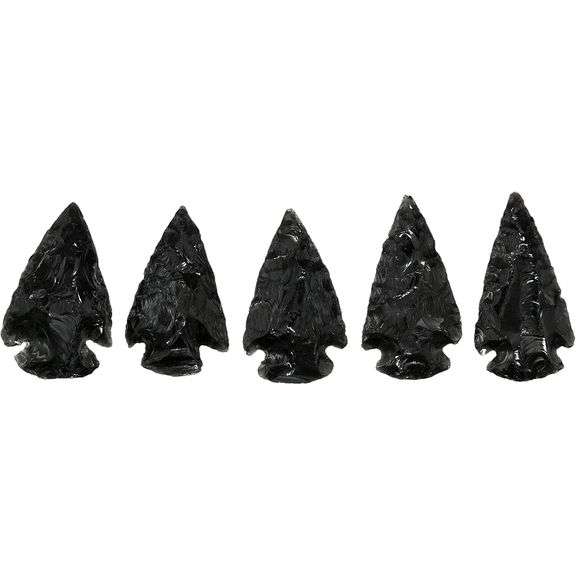 5 Hand-Knapped Black Obsidian Arrowheads