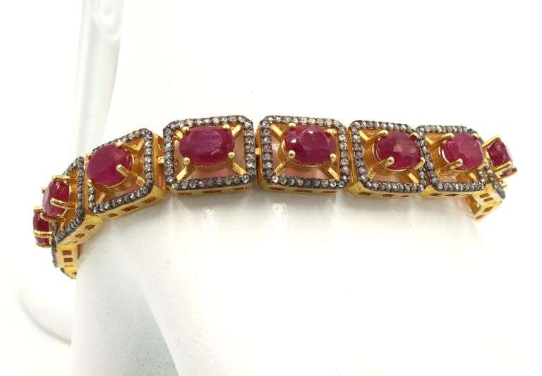 Awesome 14.30CTW Oval Shaped Emerald-Cut Rubies & Diamond Bracelet in 14K Yellow Gold Over Sterling 