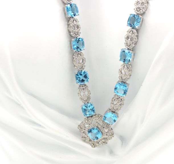 Jaw Dropping 29.00CTW Blue Topaz & 2.42CTW Diamonds on 14K White Gold Over Sterling Silver Necklace