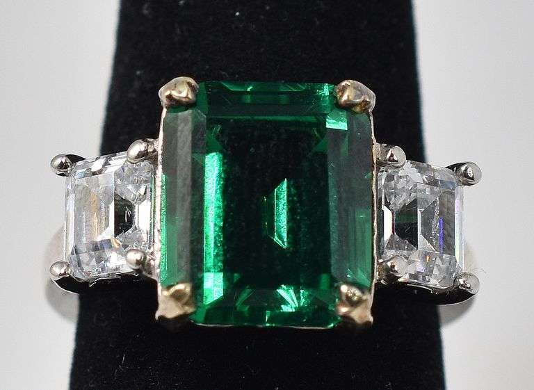 Lab Emerald Gemstone and CZ Gemstone Ring in Sterling Silver