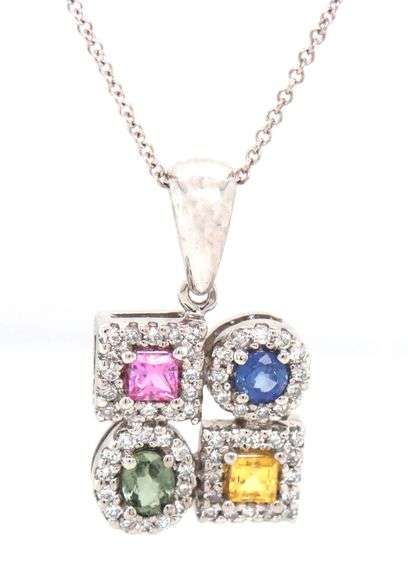 14kt White gold multi color sapphire and diamond halo pendant on chain