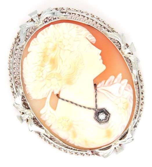 14kt White gold Italian carved shell cameo with diamond pendant