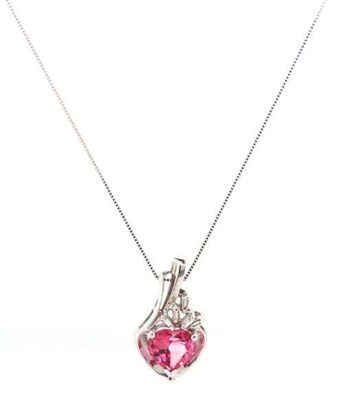 14kt White gold pink topaz and diamond accent pendant on chain