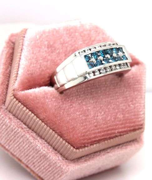 Gent's IR teal diamond and white diamond ring in sterling silver