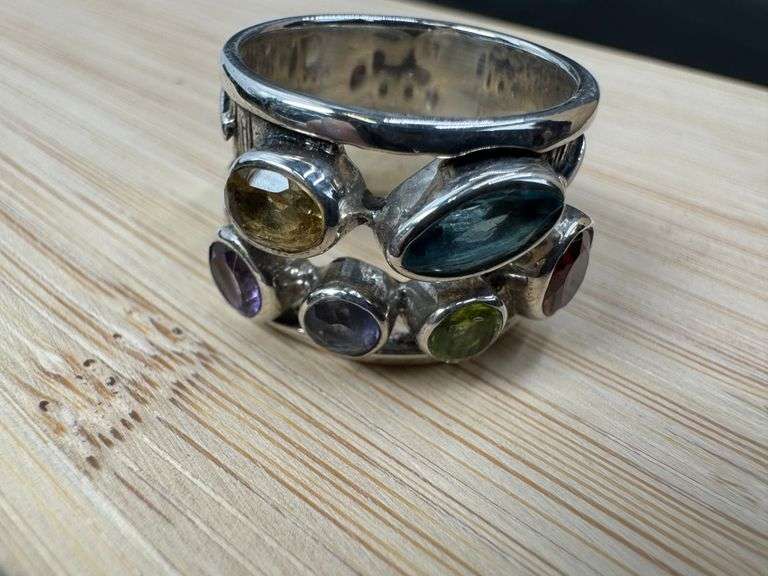 Sterling Silver Garnet, Peridot, Blue Topaz, Citrine, Amethyst Gemstone Ring Size 10