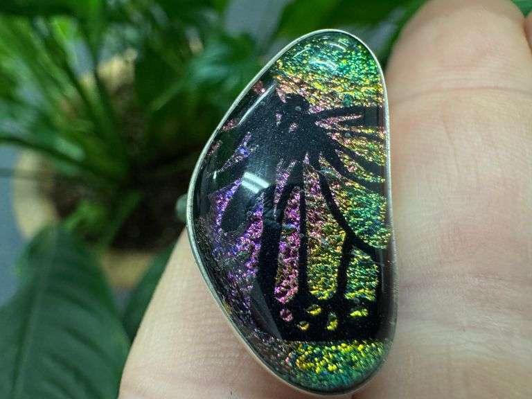 925 Sterling Silver One of a Kind Dichroic Glass Cocktail Ring Size 8