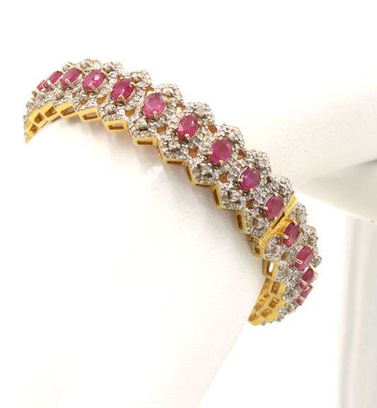 Enamoring 10.58CTW Oval Shaped Emerald-Cut Rubies & 5.04CTW Diamond Bangle Bracelet on  14kt Yellow 