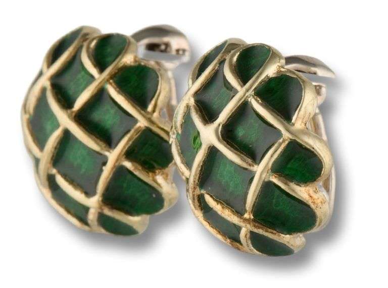 Charming Yellow Gold Green Enamel and Gold Round Earrings