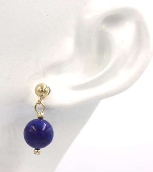 14kt Yellow gold lapis ball drop dangle earrings