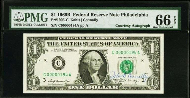 Superb Crisp 1969B $1 Philadelphia Courtesy Autograph & Scarce Low Serial Number 00000194!