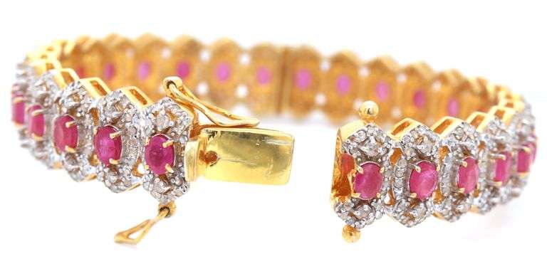 Enamoring 10.58CTW Oval Shaped Emerald-Cut Rubies & 5.04CTW Diamond Bangle Bracelet on  14kt Yellow 