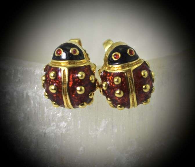 Delightful 18K Enamel Lady Bug Earrings