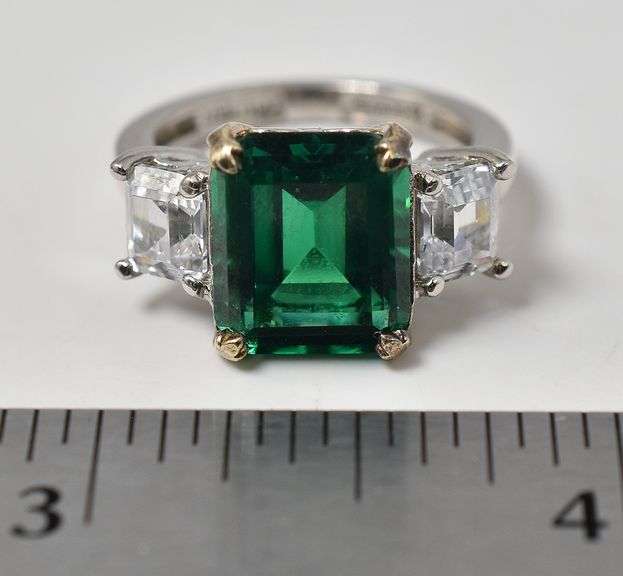 Lab Emerald Gemstone and CZ Gemstone Ring in Sterling Silver