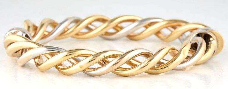 Burdick Polished Two Tone Twisted Bangle Bracelet in 14K