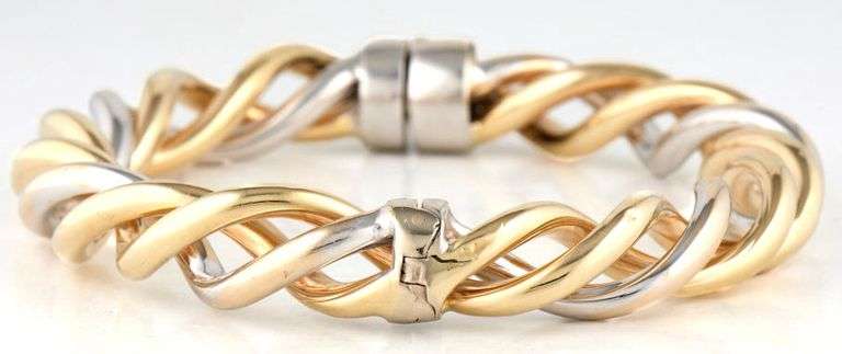 Burdick Polished Two Tone Twisted Bangle Bracelet in 14K