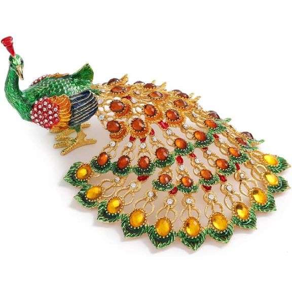 Hand-Painted Peacock Rhinestones Trinket Box